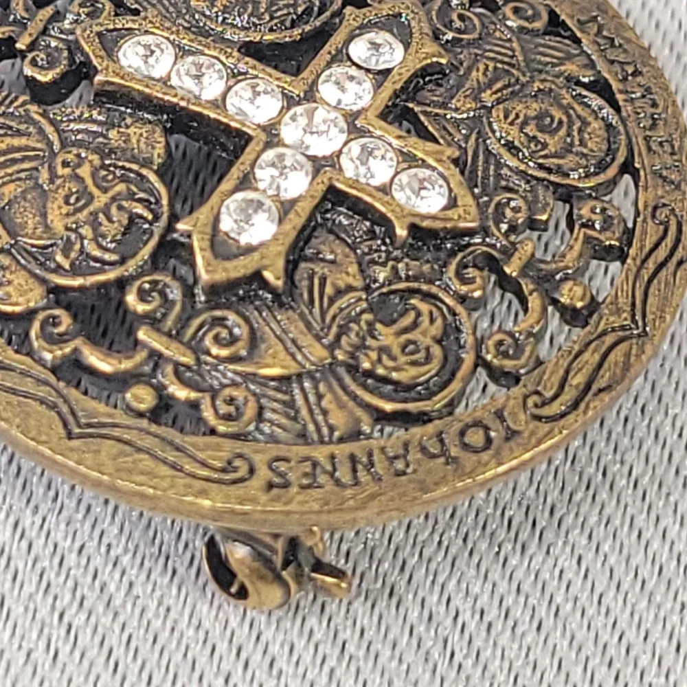 Vatican Library Collection Brass Brooch Rhinestone Cross Four Evangelists Pin